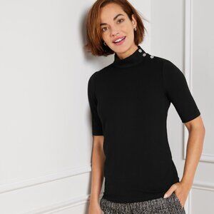 Talbots SP Button Shoulder Mock Neck Short Sleeve Knit Top Black Sweater NWOT
